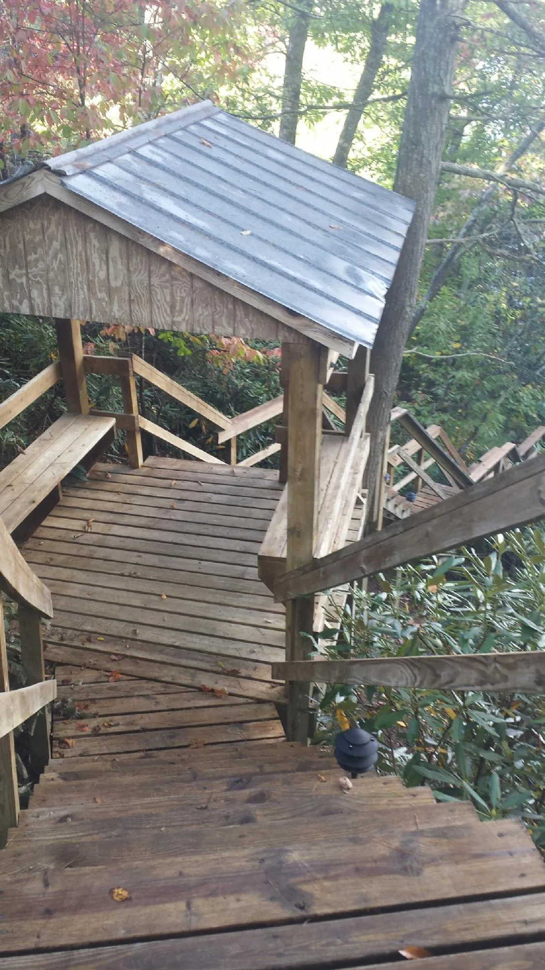 Metal roofed shelter over wooden steps on a wooded walkway — Skylight Repair & Installation work by our crew in Wisdom
